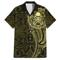 New Zealand Skull Darts Family Matching Short Sleeve Bodycon Dress and Hawaiian Shirt Aotearoa Maori Chest Tattoo Stylized Gold - Polynesian Pride