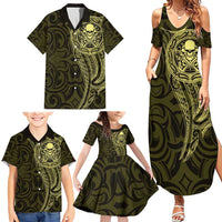 New Zealand Skull Darts Family Matching Summer Maxi Dress and Hawaiian Shirt Aotearoa Maori Chest Tattoo Stylized Gold - Polynesian Pride