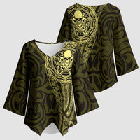 New Zealand Skull Darts Kimono Sleeve Blouse Aotearoa Maori Chest Tattoo Stylized Gold - Polynesian Pride