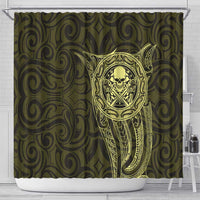 New Zealand Skull Darts Shower Curtain Aotearoa Maori Chest Tattoo Stylized Gold - Polynesian Pride