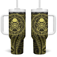 New Zealand Skull Darts Tumbler With Handle Aotearoa Maori Chest Tattoo Stylized Gold - Polynesian Pride