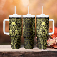 New Zealand Skull Darts Tumbler With Handle Aotearoa Maori Chest Tattoo Stylized Gold - Polynesian Pride