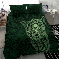 New Zealand Skull Darts Bedding Set Aotearoa Maori Chest Tattoo Stylized Green - Polynesian Pride