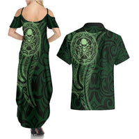 New Zealand Skull Darts Couples Matching Summer Maxi Dress and Hawaiian Shirt Aotearoa Maori Chest Tattoo Stylized Green - Polynesian Pride