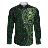 New Zealand Skull Darts Family Matching Long Sleeve Bodycon Dress and Hawaiian Shirt Aotearoa Maori Chest Tattoo Stylized Green - Polynesian Pride
