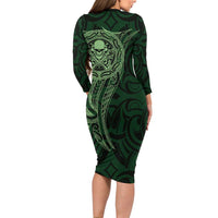 New Zealand Skull Darts Family Matching Long Sleeve Bodycon Dress and Hawaiian Shirt Aotearoa Maori Chest Tattoo Stylized Green - Polynesian Pride