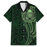 New Zealand Skull Darts Family Matching Off The Shoulder Long Sleeve Dress and Hawaiian Shirt Aotearoa Maori Chest Tattoo Stylized Green - Polynesian Pride