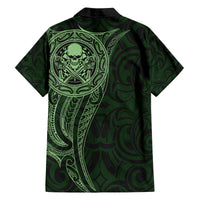 New Zealand Skull Darts Family Matching Off The Shoulder Long Sleeve Dress and Hawaiian Shirt Aotearoa Maori Chest Tattoo Stylized Green - Polynesian Pride