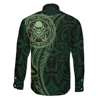 New Zealand Skull Darts Family Matching Off The Shoulder Long Sleeve Dress and Hawaiian Shirt Aotearoa Maori Chest Tattoo Stylized Green - Polynesian Pride
