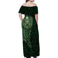 New Zealand Skull Darts Family Matching Off Shoulder Maxi Dress and Hawaiian Shirt Aotearoa Maori Chest Tattoo Stylized Green - Polynesian Pride