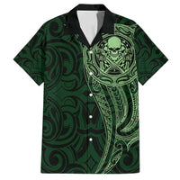 New Zealand Skull Darts Family Matching Off Shoulder Short Dress and Hawaiian Shirt Aotearoa Maori Chest Tattoo Stylized Green - Polynesian Pride