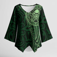 New Zealand Skull Darts Kimono Sleeve Blouse Aotearoa Maori Chest Tattoo Stylized Green - Polynesian Pride