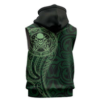 New Zealand Skull Darts Sleeveless Zip Hoodie Aotearoa Maori Chest Tattoo Stylized Green - Polynesian Pride