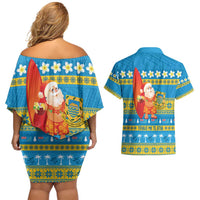 Tuvalu Christmas Couples Matching Off Shoulder Short Dress and Hawaiian Shirt Cute Santa Manuia te Kilisimasi - Polynesian Pride