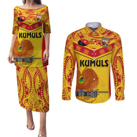 Custom Papua New Guinea Rugby Couples Matching Puletasi Dress and Long Sleeve Button Shirt 2023 Go Kumuls Pacific Dynamic Style LT14 Yellow - Polynesian Pride