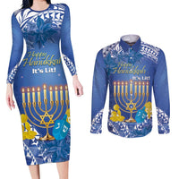 Personalised Hanukkah Jewish Festival Couples Matching Long Sleeve Bodycon Dress and Long Sleeve Button Shirt It's Lit - Polynesian Pattern