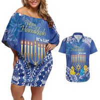 Personalised Hanukkah Jewish Festival Couples Matching Off Shoulder Short Dress and Hawaiian Shirt It's Lit - Polynesian Pattern