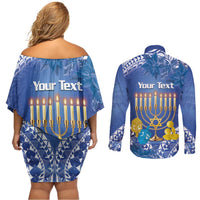 Personalised Hanukkah Jewish Festival Couples Matching Off Shoulder Short Dress and Long Sleeve Button Shirt It's Lit - Polynesian Pattern