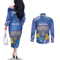 Personalised Hanukkah Jewish Festival Couples Matching Off The Shoulder Long Sleeve Dress and Long Sleeve Button Shirt It's Lit - Polynesian Pattern