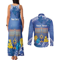Personalised Hanukkah Jewish Festival Couples Matching Tank Maxi Dress and Long Sleeve Button Shirt It's Lit - Polynesian Pattern