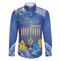 Personalised Hanukkah Jewish Festival Family Matching Puletasi and Hawaiian Shirt It's Lit - Polynesian Pattern LT14 Dad's Shirt - Long Sleeve Blue - Polynesian Pride