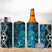 Turquoise Aotearoa 4 in 1 Can Cooler Tumbler Taniko Motifs With Paua Shell Kowhaiwhai