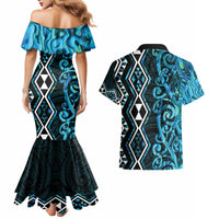 Turquoise Aotearoa Couples Matching Mermaid Dress and Hawaiian Shirt Taniko Motifs With Paua Shell Kowhaiwhai