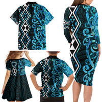 Turquoise Aotearoa Family Matching Long Sleeve Bodycon Dress and Hawaiian Shirt Taniko Motifs With Paua Shell Kowhaiwhai LT14 - Polynesian Pride