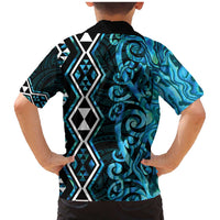 Turquoise Aotearoa Family Matching Mermaid Dress and Hawaiian Shirt Taniko Motifs With Paua Shell Kowhaiwhai LT14 - Polynesian Pride