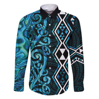 Turquoise Aotearoa Family Matching Short Sleeve Bodycon Dress and Hawaiian Shirt Taniko Motifs With Paua Shell Kowhaiwhai LT14 Dad's Shirt - Long Sleeve Turquoise - Polynesian Pride