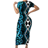 Turquoise Aotearoa Family Matching Short Sleeve Bodycon Dress and Hawaiian Shirt Taniko Motifs With Paua Shell Kowhaiwhai LT14 Mom's Dress Turquoise - Polynesian Pride