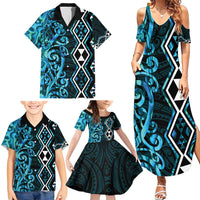 Turquoise Aotearoa Family Matching Summer Maxi Dress and Hawaiian Shirt Taniko Motifs With Paua Shell Kowhaiwhai LT14 - Polynesian Pride