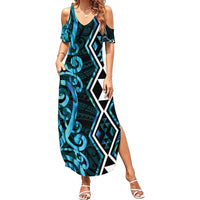 Turquoise Aotearoa Family Matching Summer Maxi Dress and Hawaiian Shirt Taniko Motifs With Paua Shell Kowhaiwhai LT14 Mom's Dress Turquoise - Polynesian Pride