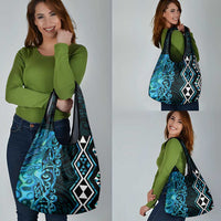 Turquoise Aotearoa Grocery Bag Taniko Motifs With Paua Shell Kowhaiwhai