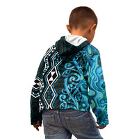 Turquoise Aotearoa Kid Hoodie Taniko Motifs With Paua Shell Kowhaiwhai