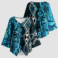 Turquoise Aotearoa Kimono Sleeve Blouse Taniko Motifs With Paua Shell Kowhaiwhai - Polynesian Pride