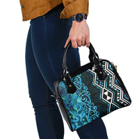Turquoise Aotearoa Shoulder Handbag Taniko Motifs With Paua Shell Kowhaiwhai