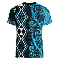 Turquoise Aotearoa Women V-Neck T-Shirt Taniko Motifs With Paua Shell Kowhaiwhai LT14 - Polynesian Pride