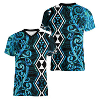Turquoise Aotearoa Women V-Neck T-Shirt Taniko Motifs With Paua Shell Kowhaiwhai LT14 - Polynesian Pride