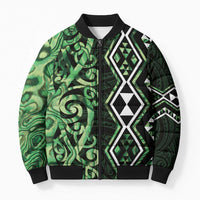Green Aotearoa Bomber Puffer Jacket Taniko Motifs With Paua Shell Kowhaiwhai - Polynesian Pride