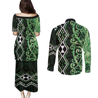 Green Aotearoa Couples Matching Puletasi and Long Sleeve Button Shirt Taniko Motifs With Paua Shell Kowhaiwhai LT14 - Polynesian Pride