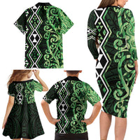 Green Aotearoa Family Matching Long Sleeve Bodycon Dress and Hawaiian Shirt Taniko Motifs With Paua Shell Kowhaiwhai LT14 - Polynesian Pride
