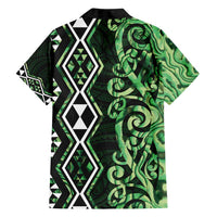 Green Aotearoa Family Matching Off Shoulder Short Dress and Hawaiian Shirt Taniko Motifs With Paua Shell Kowhaiwhai LT14 - Polynesian Pride