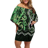Green Aotearoa Family Matching Off Shoulder Short Dress and Hawaiian Shirt Taniko Motifs With Paua Shell Kowhaiwhai LT14 Mom's Dress Green - Polynesian Pride