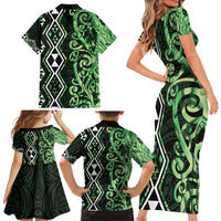 Green Aotearoa Family Matching Short Sleeve Bodycon Dress and Hawaiian Shirt Taniko Motifs With Paua Shell Kowhaiwhai LT14 - Polynesian Pride
