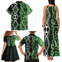 Green Aotearoa Family Matching Tank Maxi Dress and Hawaiian Shirt Taniko Motifs With Paua Shell Kowhaiwhai LT14 - Polynesian Pride