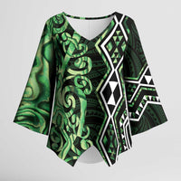 Green Aotearoa Kimono Sleeve Blouse Taniko Motifs With Paua Shell Kowhaiwhai - Polynesian Pride