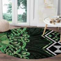 Green Aotearoa Round Carpet Taniko Motifs With Paua Shell Kowhaiwhai