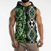 Green Aotearoa Sleeveless Hoodie Taniko Motifs With Paua Shell Kowhaiwhai - Polynesian Pride