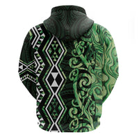 Green Aotearoa Zip Hoodie Taniko Motifs With Paua Shell Kowhaiwhai